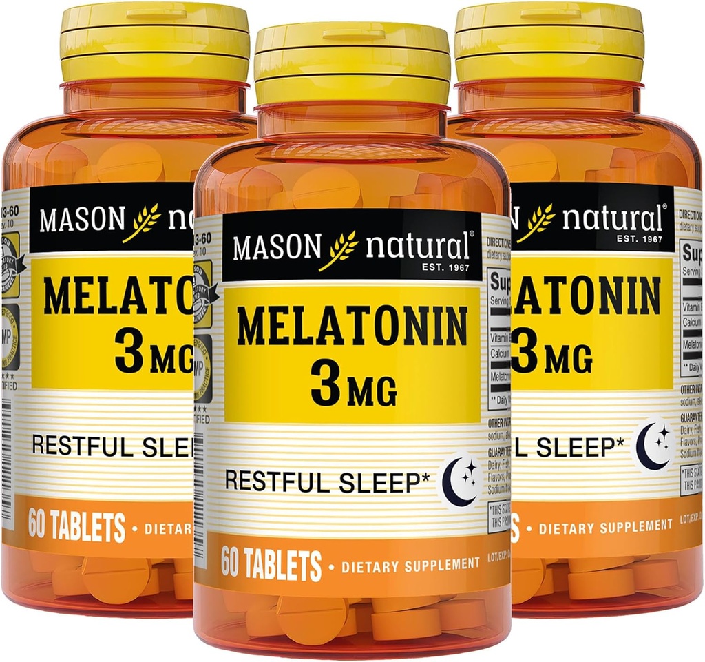 MASON NATURAL Melatonin 3毫克与B6 & Calcium,自然睡眠援助,支持休息睡眠,60片(3页)
