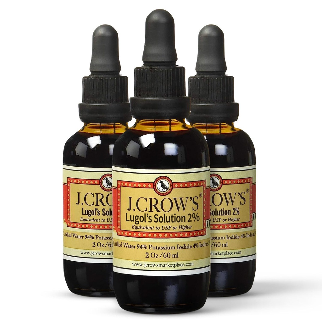 J.CROW'S ® Lugol's Solutions of Iodine 2% → 2 oz(3瓶) → Premium Iodine & Potassium Iodide Liquid, Gluten &,无酒精天然碱提取,无过期