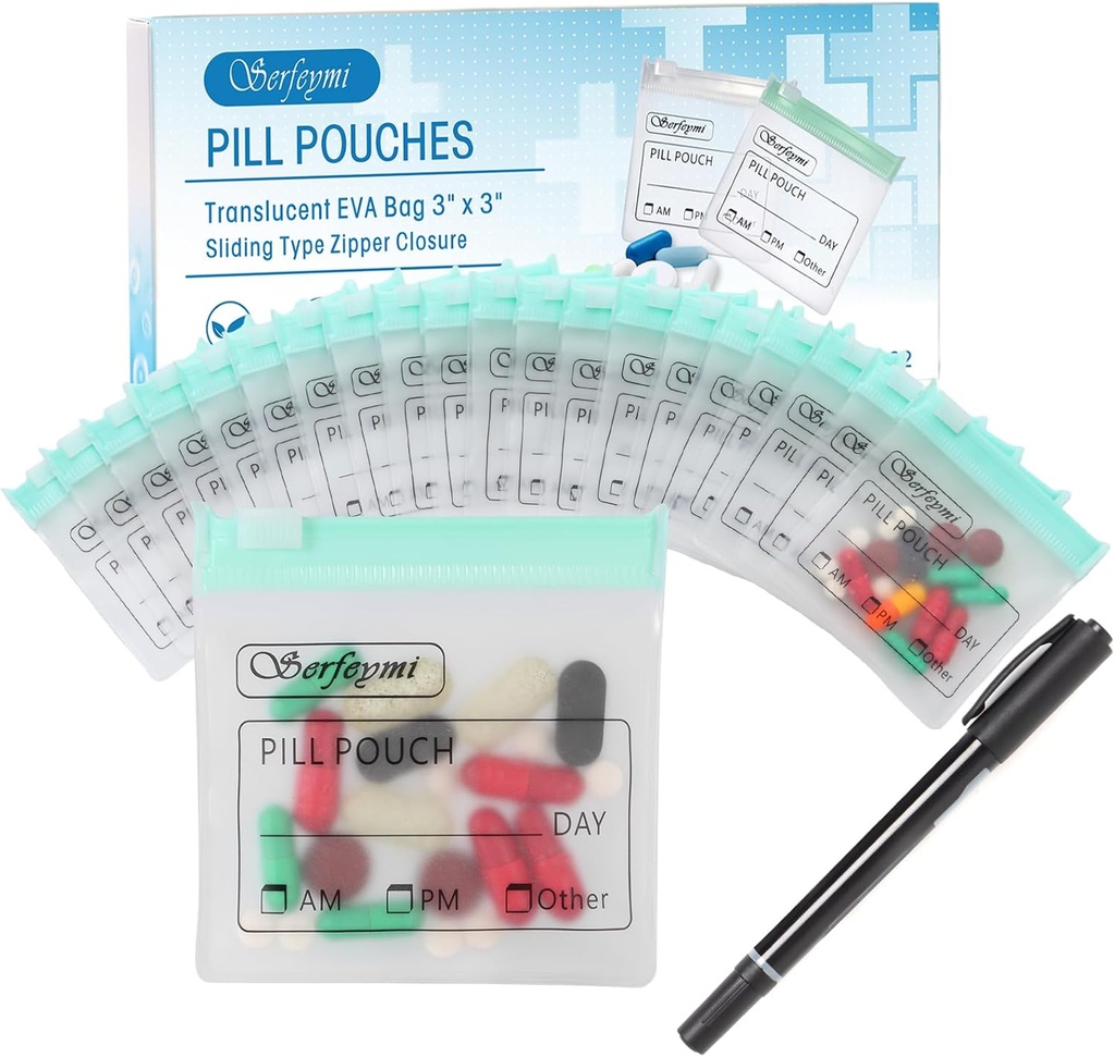 Serfeymi 32 Pcs Zippered Pill Pouches 组织者 塑料袋 3 X 3英寸 1 200万个自封,有幻灯片锁可打印标签 透明旅行药品 存储袋 和 1 Pc Marker-Green