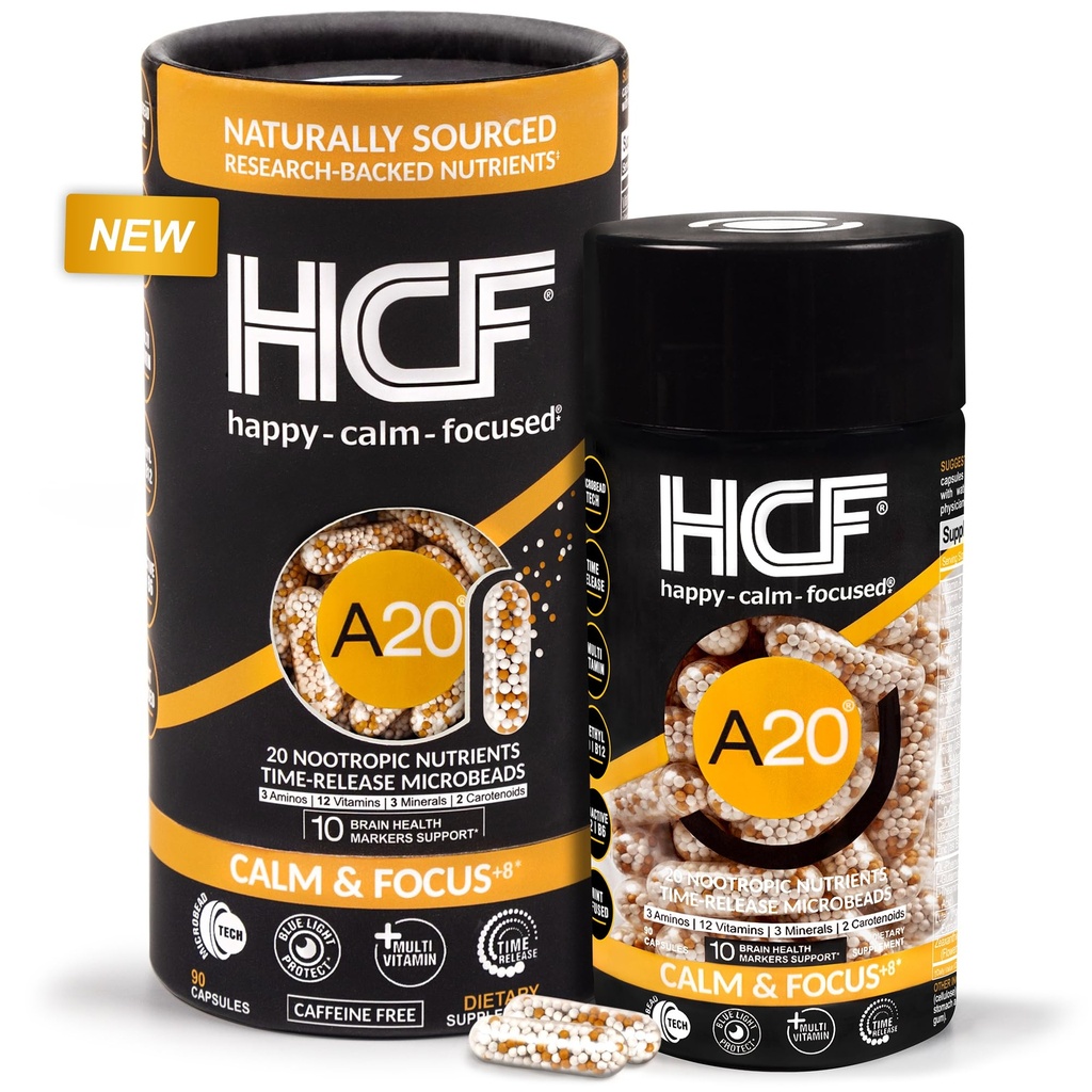 HCF A20 成人微豆脑健康补充剂,用于记忆、焦点、平静、泥质、警觉、注意、视觉、睡眠、免疫系统、20种多维塔明和7种营养素