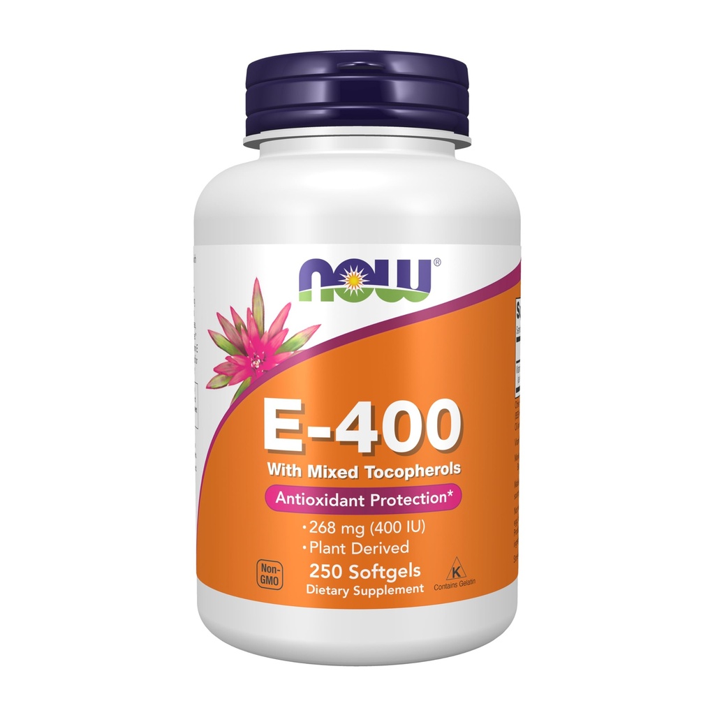 现在食品补充品,维生素E-400 IU 混合托克弗罗醇,抗氧化剂保护*,250软胶