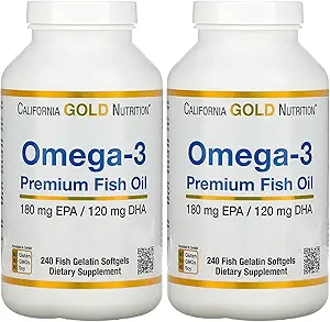 加利福尼亚金营养 鱼油,Omega-3,180毫克 美国环保局,120毫克 DHA, 焦化Triglyceride Form, 240鱼类 Gelatin软胶, 2 Pack