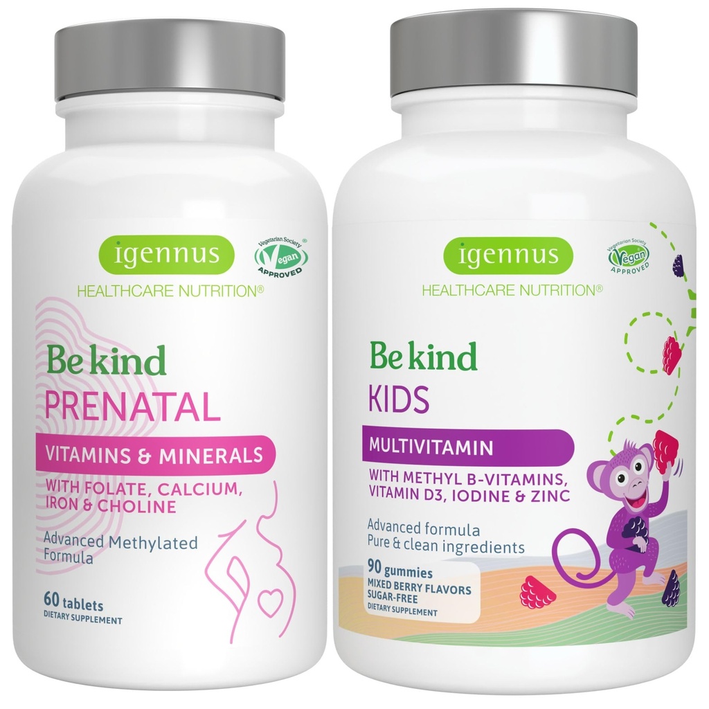 高吸附性 甲基化 产前 + 高级儿童 多维他命 Gummy Vegan Bundle, 清洁标签 与维生素 A, B, C, D3 & E, 60 片 + 90 贝瑞 Flavor Gummys, Be Kind by Igennus