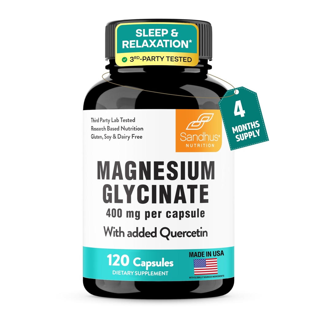 桑德胡的"甘油镁"400mg Capsules 配有 Quercetin 质量睡眠,放松,肌肉健康与免疫支持 120 Counter (Pack of 1) 女性和男性容易吞咽