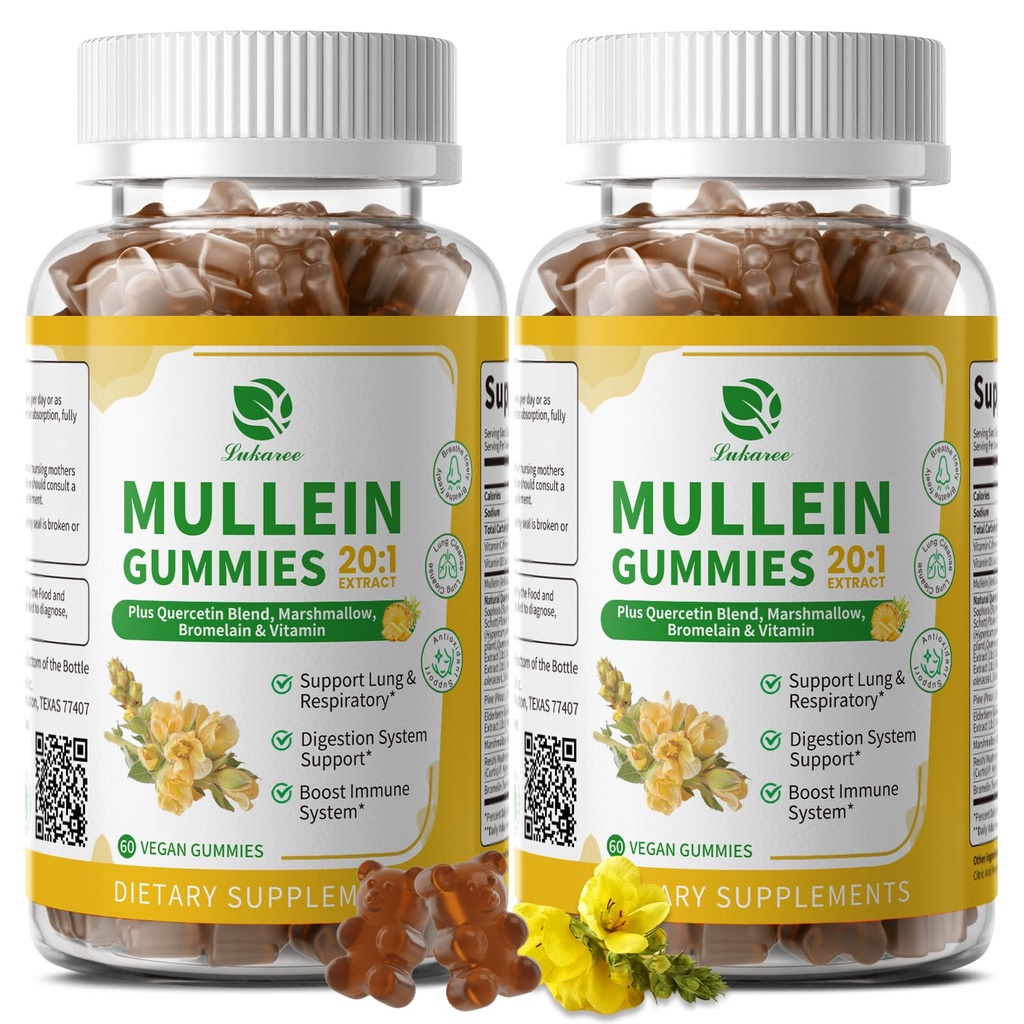 (2包)9分1的Mullein Gummys用于肺清洁和除毒,Extrastrong Mullein Leaf Excert w/Quercetin, Bromelain, Merderberry & Marshmallow用于呼吸, Imune & Digestive, Vegan, 120 计数