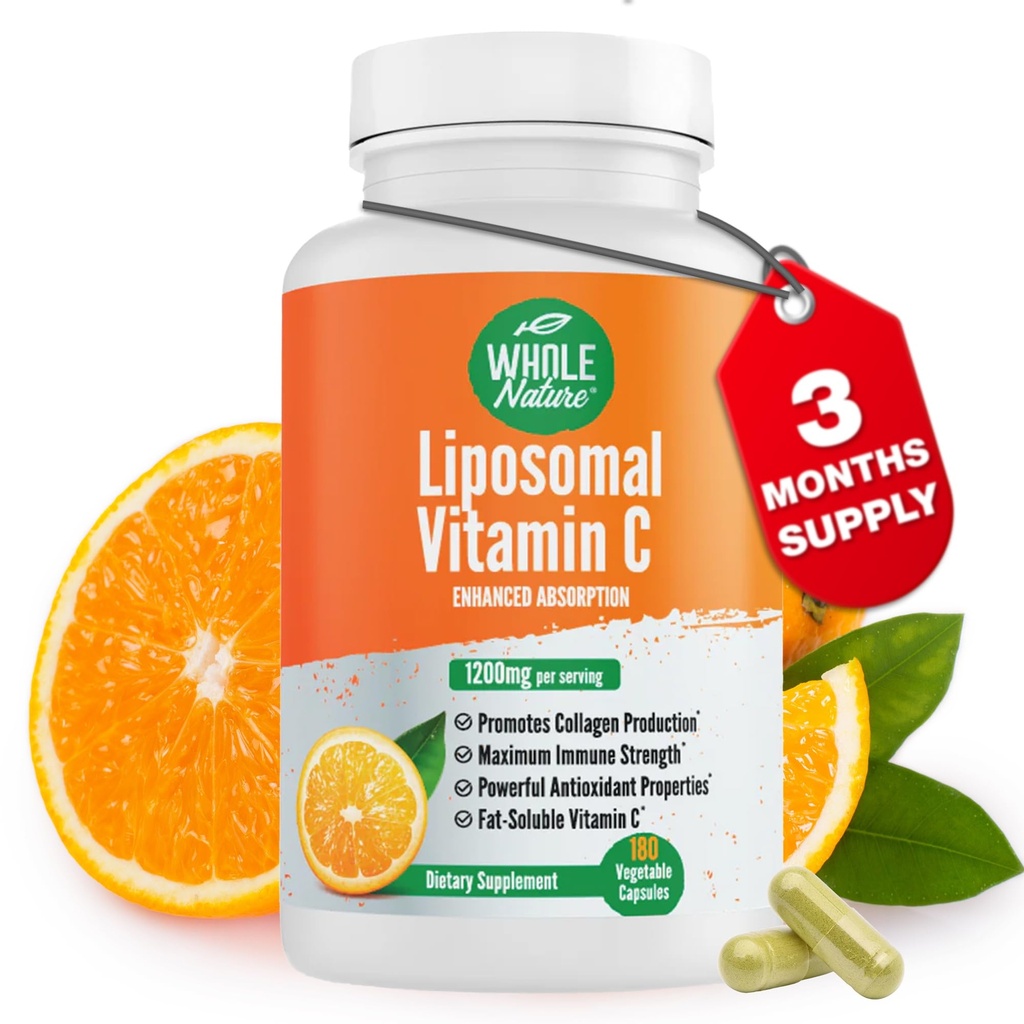 Liposomal Vitamin C 补充药 1200 mg - 高吸附性180 Vegan Capsules 脂肪溶性VIT C 最大强度免疫系统和Collagen促进剂,葵花莱辛