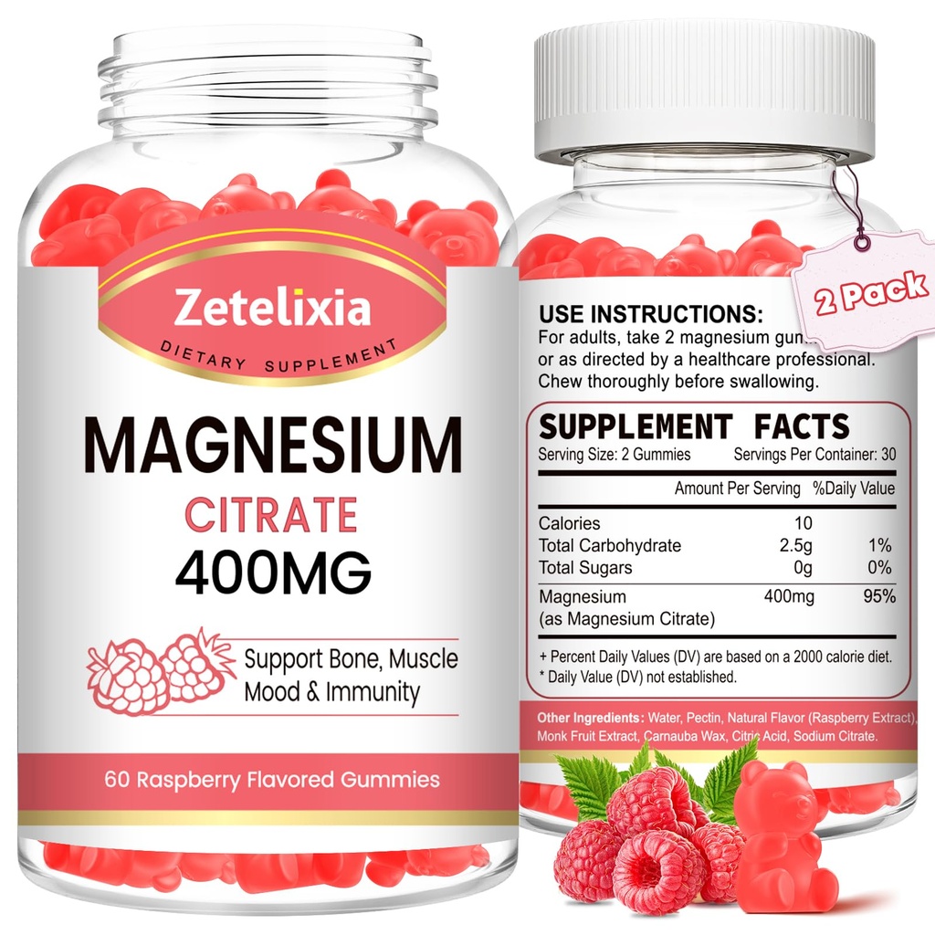2 Pack Magnesium Citrate Gummys 400MG, 成人的高吸收性镁Gummys, 肌肉和牙齿支持, Vegan 120 Cts