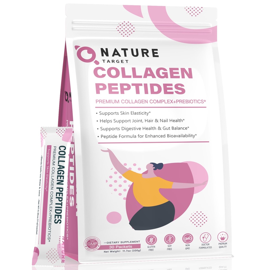 NATURE TARGET Multi Collagen Peptides Powder - Type I, II, III, V, X - Enhanced Absorption, Hydrolyzed Collagen Peptides with Prebiotics, Sugar-Free, Skin Hair Nail & Joint Support, Non-GMO