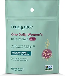 True Grace One Daily Women的多维塔明40+发酵矿物,有机适应剂和蘑菇 能源,Imune,骨支持 - 非GMO - 铁,Gluten & Soy Free - 90 Vegan 片