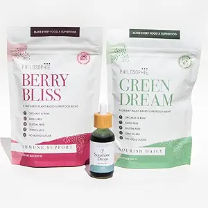 哲学家阳光滴水,绿色梦, & Berry Bliss Bundle - 液态氯酚和超级食品粉末混合剂 - 所有天然植物3包