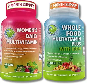 Vegan全食 多维特敏与铁和妇女日报 多维特敏与铁,有机超级食品, Probiotics & 消化酶 Bundle — Vegan, Non-GMO, 清洁日常健康支持