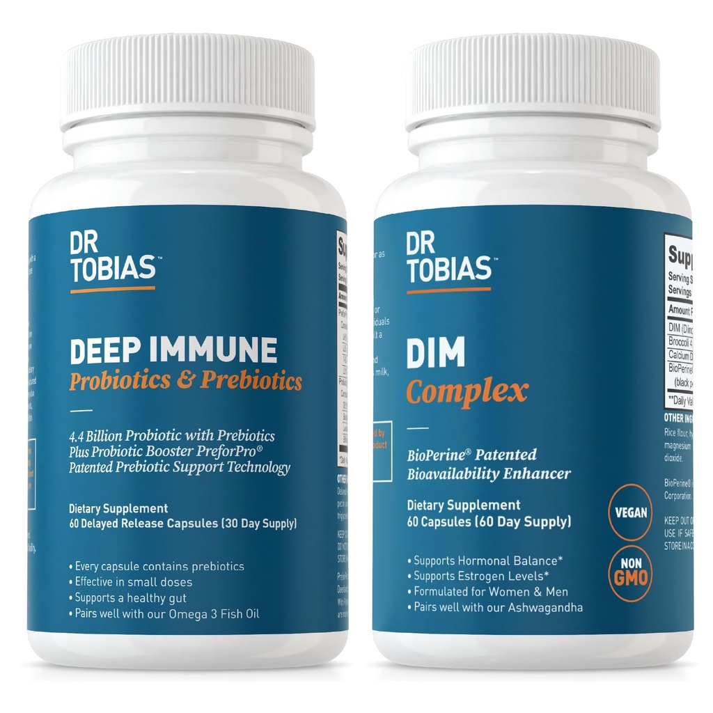 Tobias Deep Imune Probiotics & Prebiotics博士和DIM Complex,支持消化健康、Gut Imune功能、男女荷尔蒙平衡