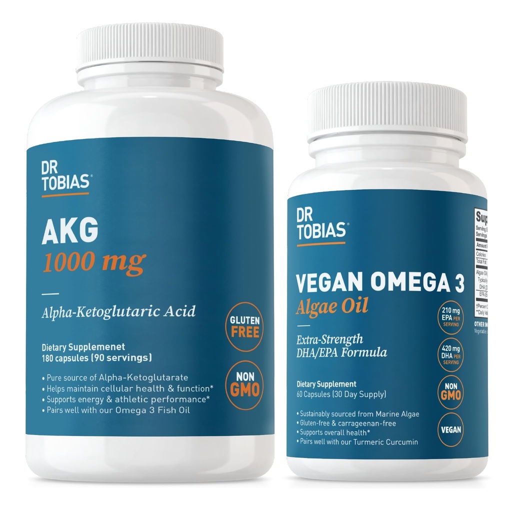 Tobias AKG博士 补充 & Vegan Omega 3 藻类油、支持细胞能和与AKG、EPA & DHA、Vegan、Gluten-Free、非GMO的总体健康
