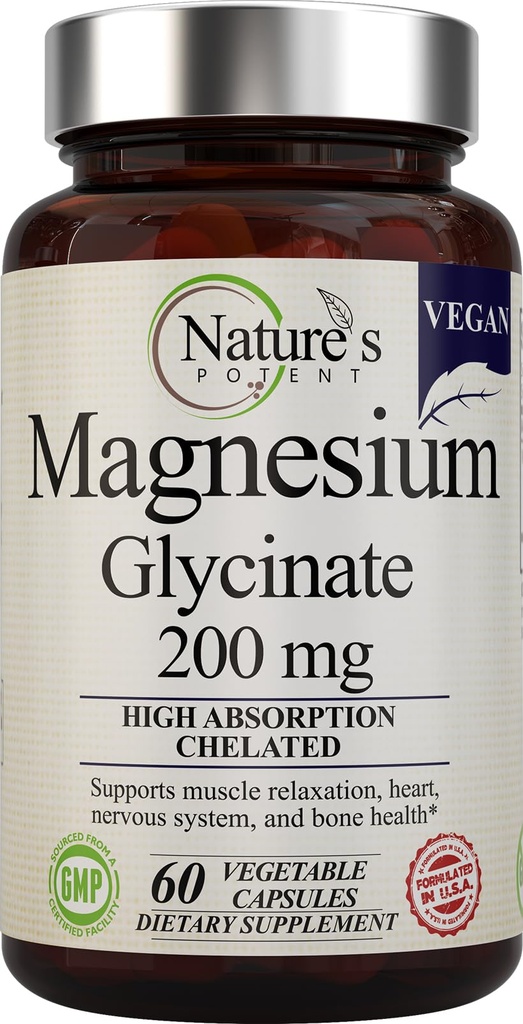 (原始内容存档于2019-09-26). Nature's Potent Magnesium Glycinate 200mg 高吸收性 Chelated Magnesium | 睡眠,冷静和肌肉 Cramp 支持 | Vegan 补充 | 60 Capsules