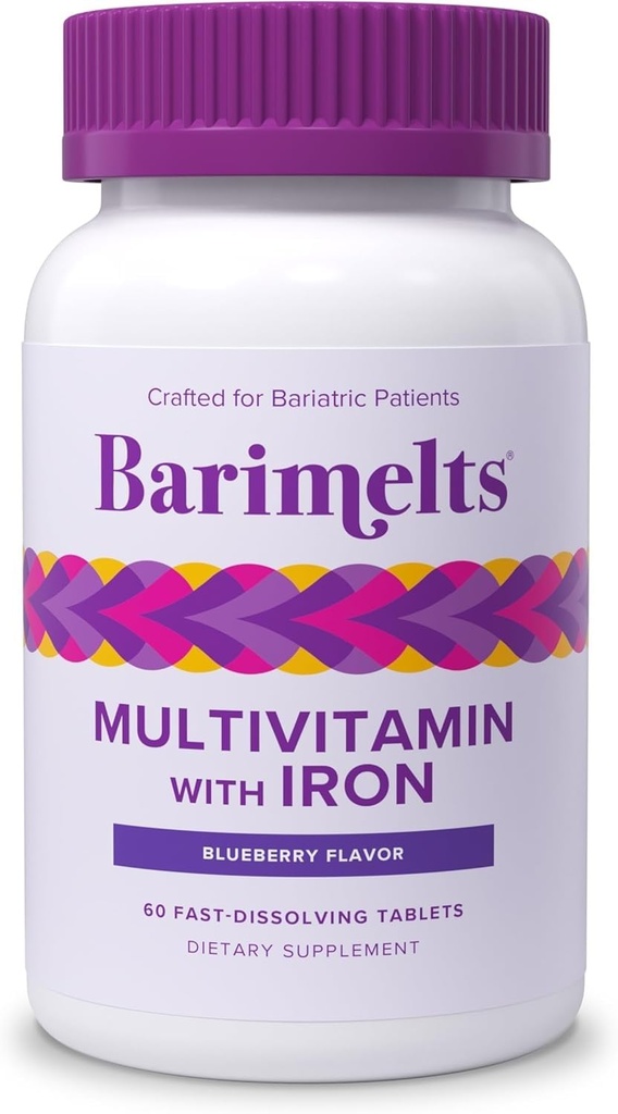BariMelts Bariatric 多维素加铁 - 1个月供应(60个快速溶解片) - 无糖 - 后巴利亚类维生素 - 天然蓝莓火焰