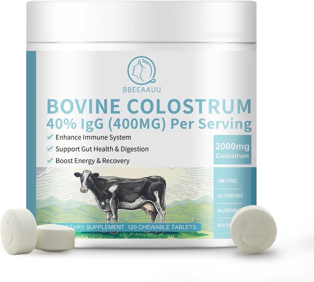 Bovine Colostrum 120 Chewwable Tables, 2000mg Colostrum Supplement 40% IgG, 用于免疫支持, Gut Health, 发型生长, 能源, 百分百草美联储 & First-Milking, Gluten-Free, Soy-Free