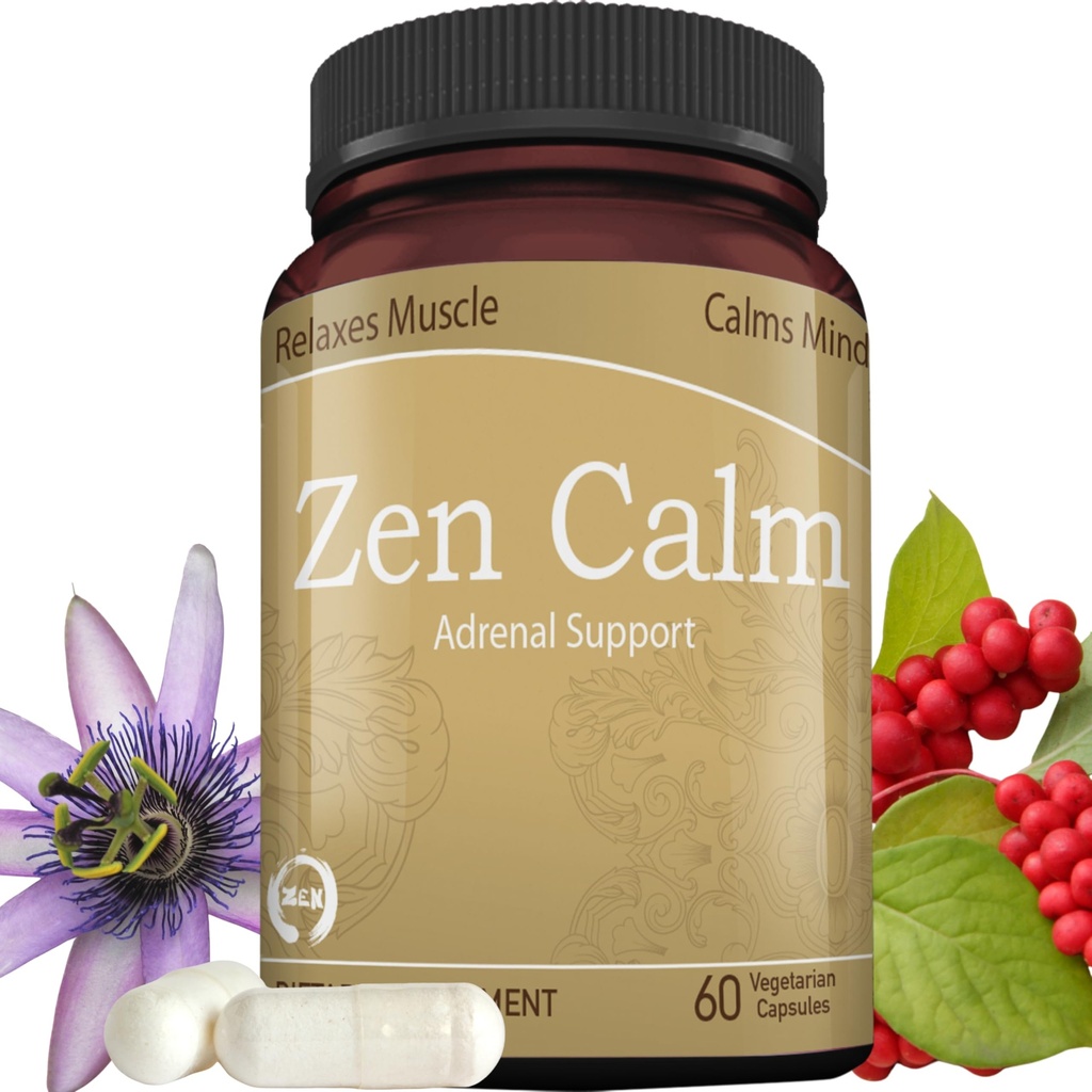 Zen Calm压力肾上腺支持补充有机适应性草药 - 镁,B维生素,GABA & More 支持自然平静. 非痴sy. 非GMO( 60 威吉帽)