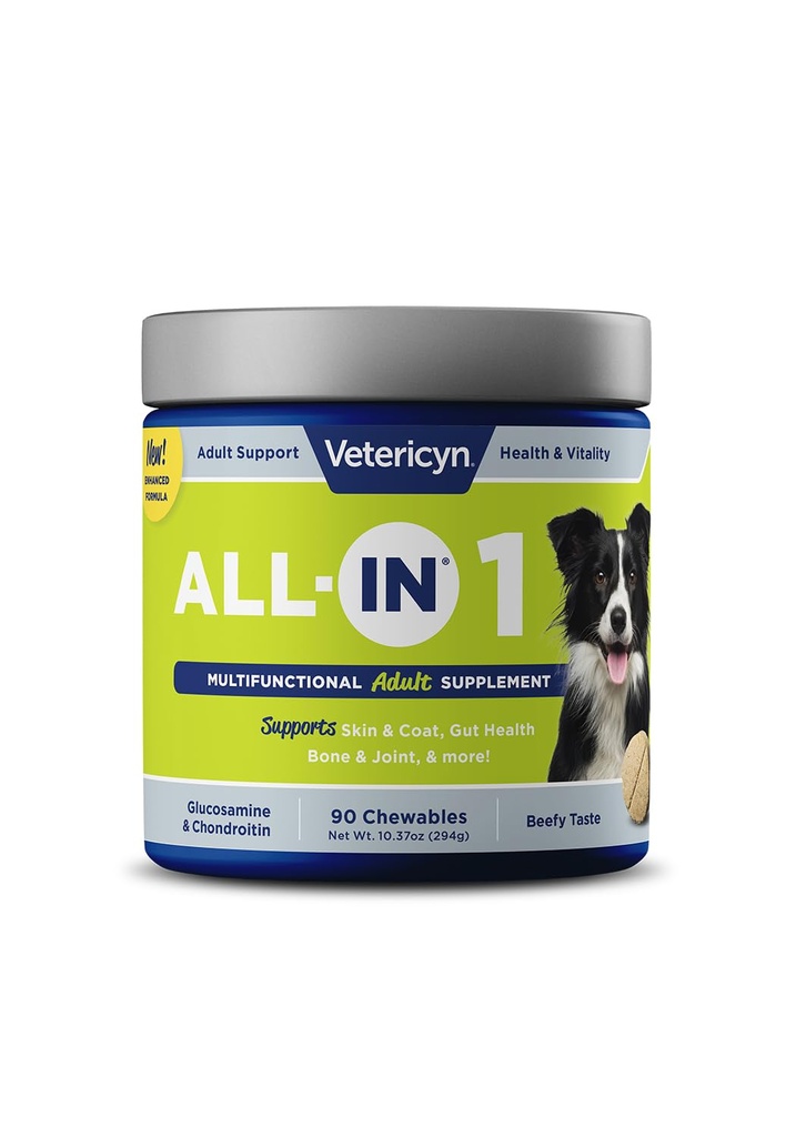 兽素全进 1 多功能犬素补充 QQ 消化酶 + Glucosamine + Chondroitin 用于骨骼和联合支持 + 维生素,抗氧化剂,预生素,Probiotics,以及 Omegas. 90 计数