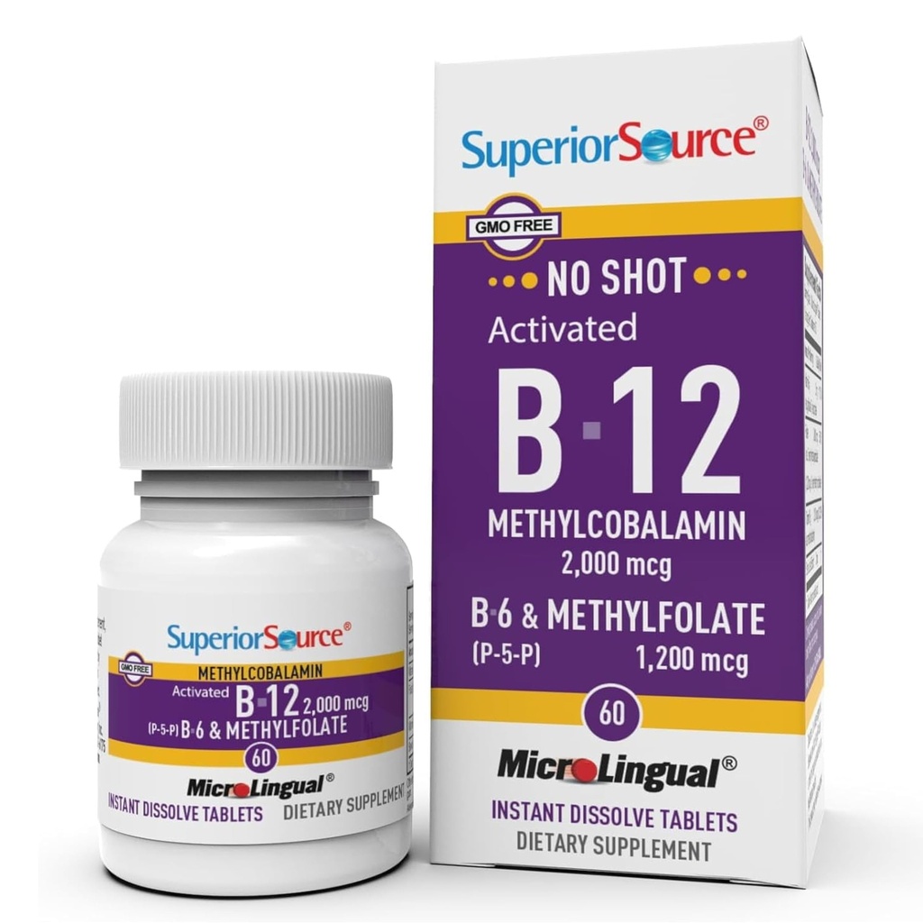 Superior Source No Shot Vitamin B-12 Methylcobalamin 2000 mcg, B-6, & Methylfolate 1200 mcg - Supports Energy, Brain, and Heart Health - Bariatric Friendly - 60 Sublingual Dissolving Tablets | Bariatric-Friendly B-12 Methylcobalamin Formula with B-6 and Methylfolate Supporting Energy, Brain and Heart Health