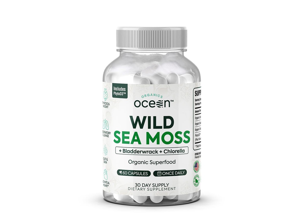 有机物 海洋野生海 Moss Capsules - 100% Irish Organization Sea Moss 含有机氯、Bladderwrack 和维生素D 用于能源、肺部健康和甲状腺对男女的支持 60 Capsules