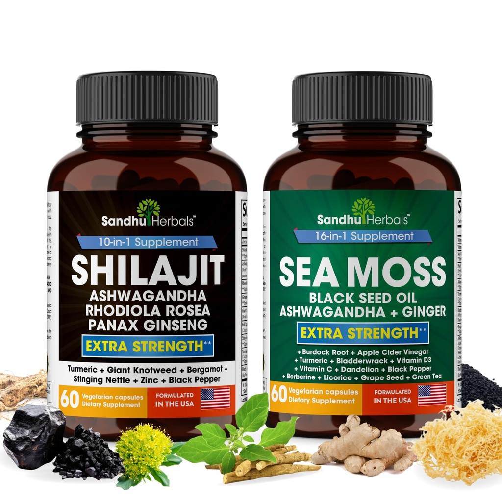 Shilajit Sea Moss Ashwagandha Combo Bundle - 黑种子石油、涡轮油、Rhodiola Rosea、Panax、Ginseng 补编 120 Capsules、优于Gummys、Resin & 男女海摩斯