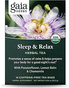Gaia Herbs Sleep & Relax Herbal Tea - 支持性睡眠援助 自然平静 准备晚安休息 * - 带有激情花,香蜜酒和柠檬包 - 16个咖啡因无茶袋