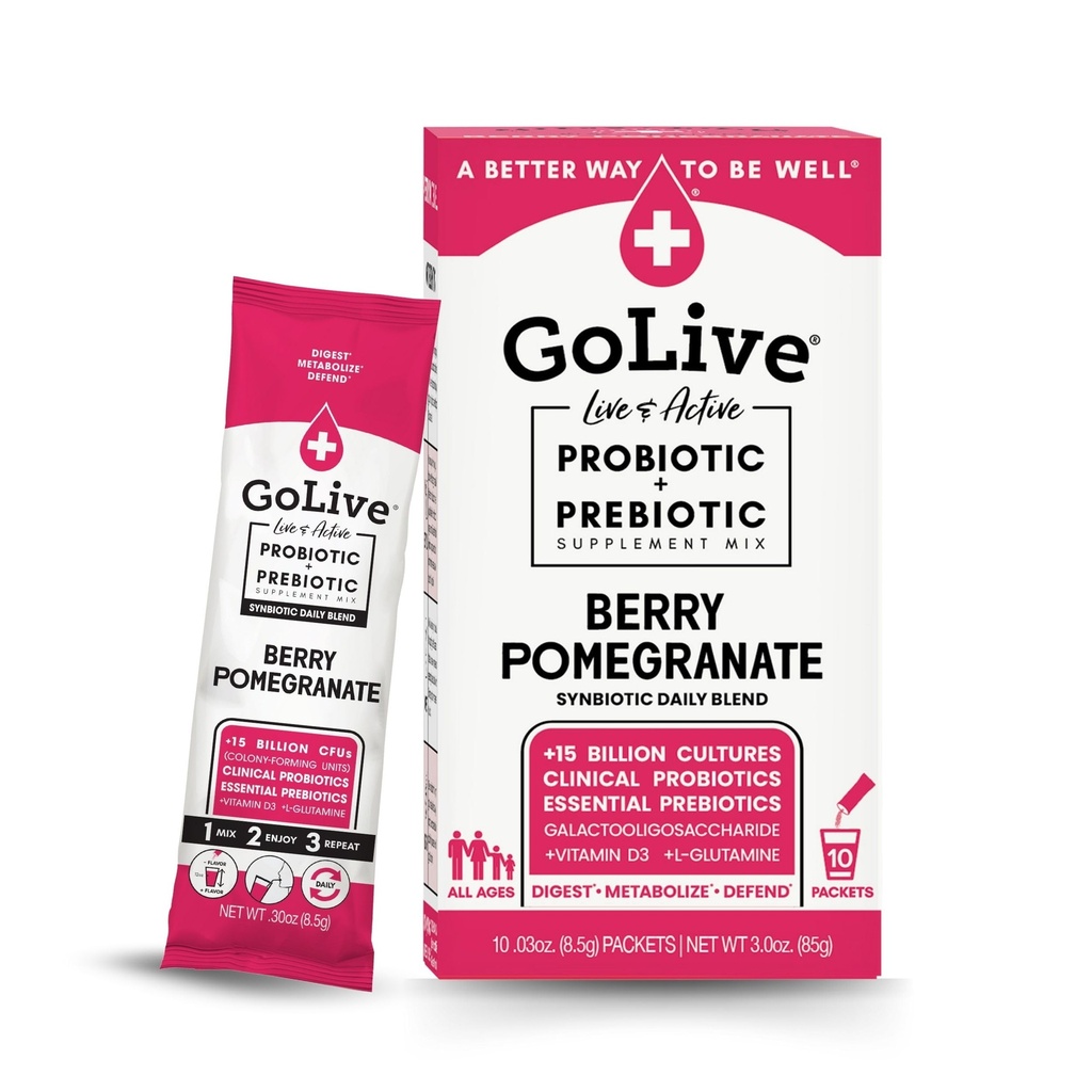 GoLive Prebiotic and Probiotic for Women, Men, Kids. Berry Pomegranate Synbiotic Powder w/ L-Glutamine, Vitamin D3, Electrolytes. For Gut Health, Digestion, Metabolism, Immunity 15-50B CFUs.