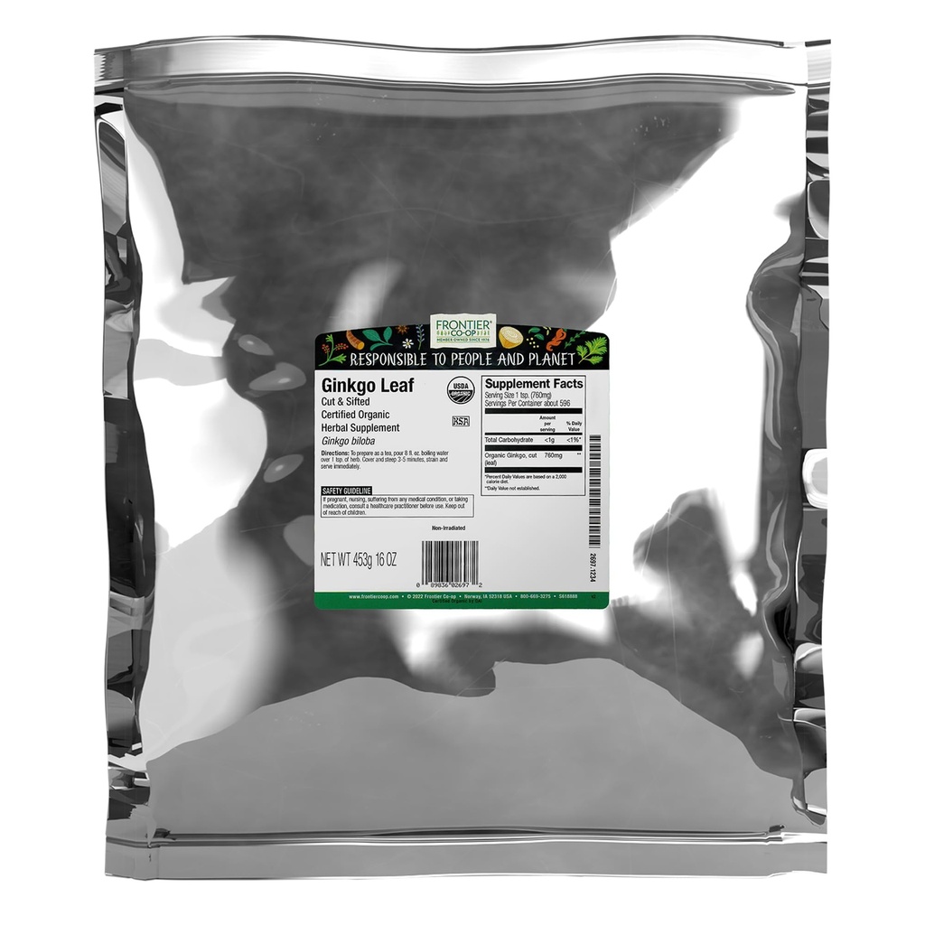 (原始内容存档于2018-09-21) (英语). Frontial Co-op Organization Ginkgo Leaf, 1lb Bulk Bag, Cut and Sifted | Dried Ginkgo Biloba Leaf | 茶叶和草药使用理想,科舍尔