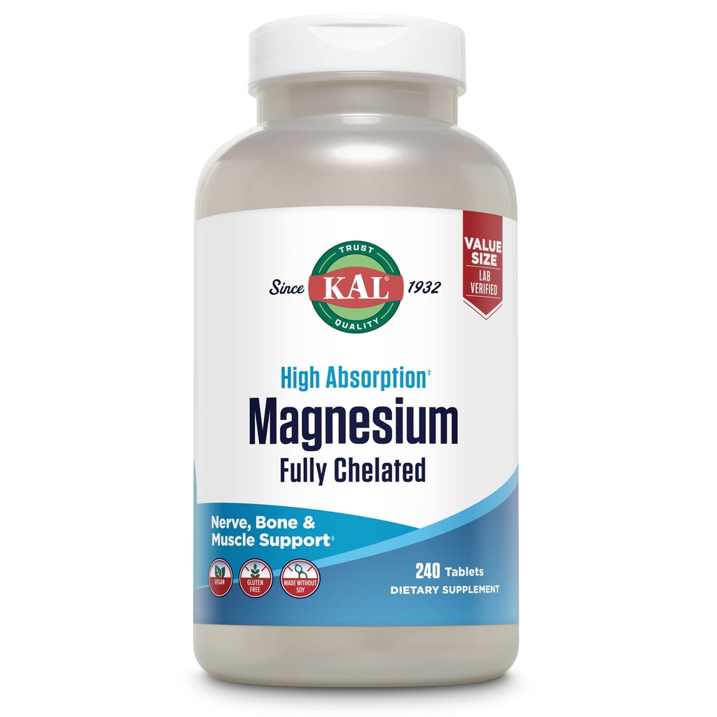 KAL Magnesium Glycinate Tablets, Fully Chelated, High Absorption Formula with Magnesium Bisglycinate Chelate for Nerve, Muscle & Bone Health Support, Vegan, Gluten Free, Value Size, 240 Tablets