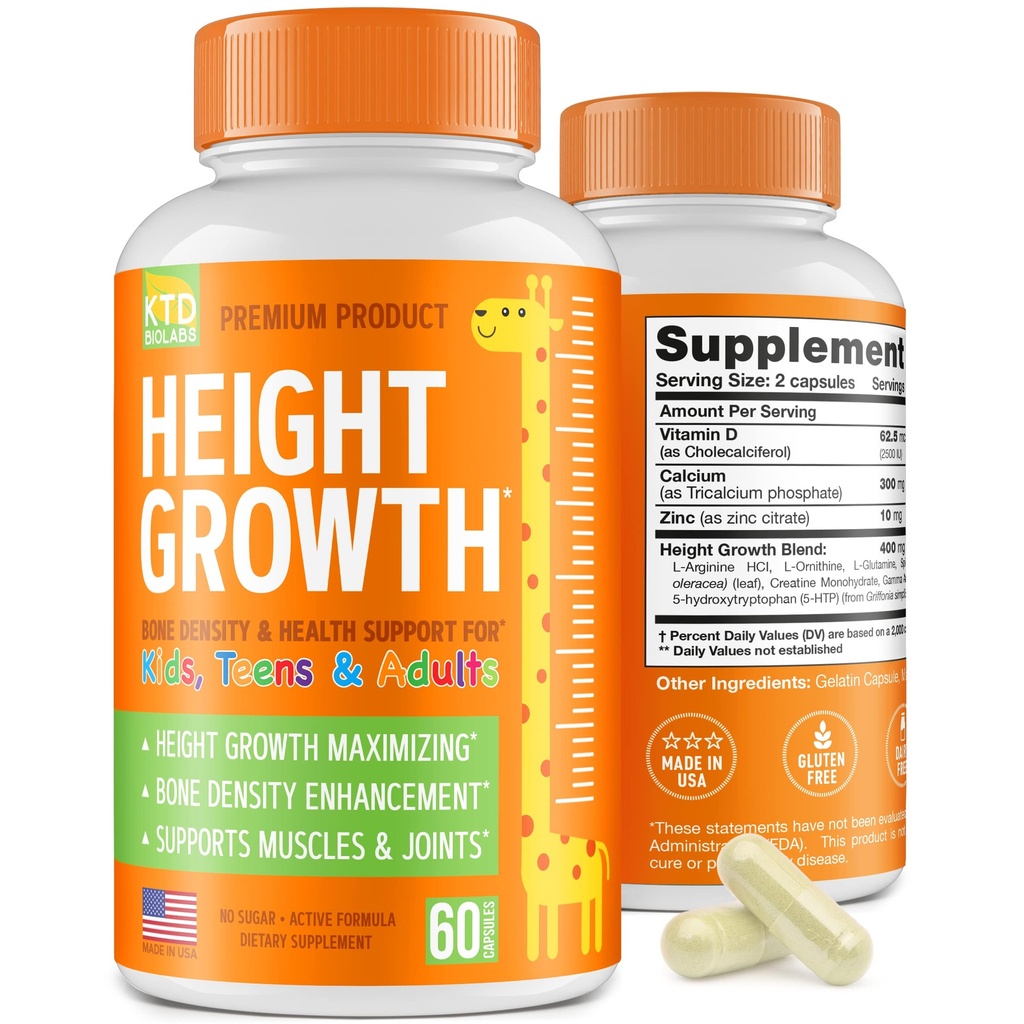 Kids Height Growth Support Capsules – Daily Development Formula with Calcium, Vitamin D3 & Zinc – Bone & Nutrition Support for Kids & Teens – Amino Blend – 60 Capsules