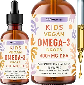 Vegan Omega 3 藻油和Vegan DHA 儿童液体滴液液 + 水果 flavor + immune, 眼睛和大脑支持 儿童2+ Omega 3 + 非 GMO 第三方测试 + 3 Fl Oz 30 服务