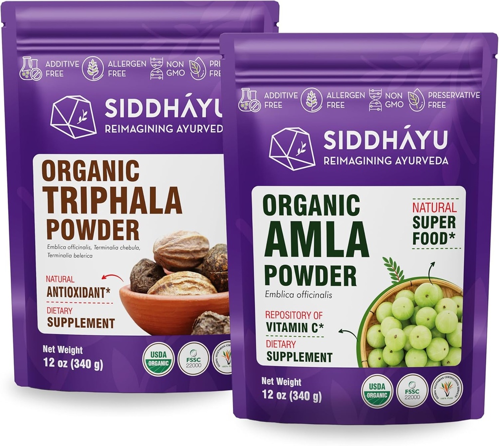 Siddhayu 有机Triphala 粉 - 12 oz & 有机Amla 草药补充剂 - 12 oz