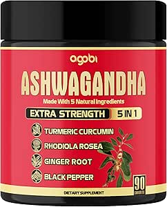 Ashwagandha Capsule 5in1-90 Vegan Capsules 与姜汁、涡轮、罗迪奥拉罗莎和黑辣椒混合