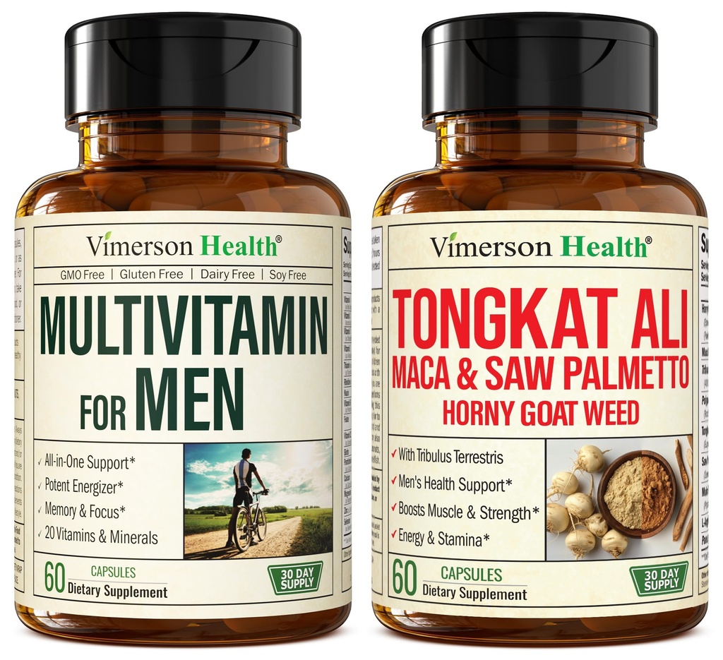 Vimerson Health Multivitamin for Men & Tongkat Ali for Men with Horny Goat Weed, Maca Root Powder, Tribulus Terrestris, Saw Palmetto 提取器 维默森健康多维特敏 男子多维特敏 男子多维特卡特阿里 霍尼山羊草,马卡根粉,Tribulus Terrestris, Saw Palmetto 提取器