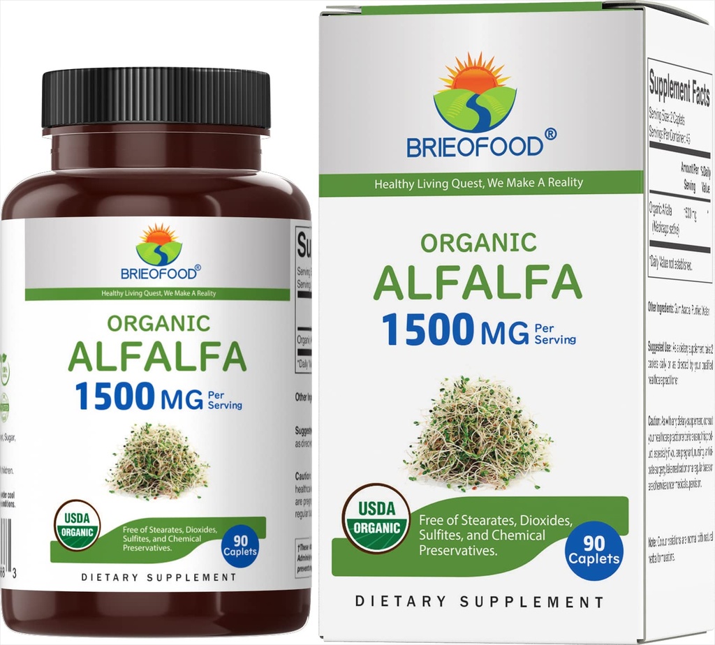 Brieofood 有机Alfalfa 1500mg, 45 services, 蔬菜, Gluten Free, 90 蔬菜片