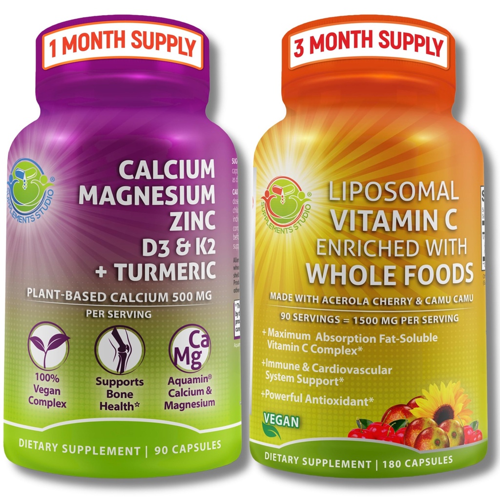 基于植物的骨骼和免疫支持补充剂 Bundle – Liposomal 维生素 C 1500mg 与有机Acerola & Camu Camu + 含维生素D3, K2 & Turmeric – Vegan, Non-GMO