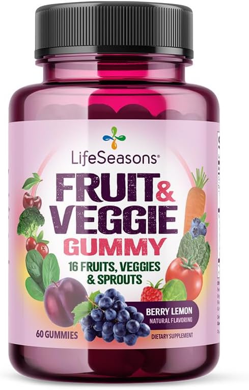 LifeSeasons 水果和蔬菜Gummy 补充剂 - 16种水果蔬菜和芽菜 - 维生素 矿物和抗氧化剂 - 营养支持豁免与健康 - 3X 更多潜力 - 60种古米