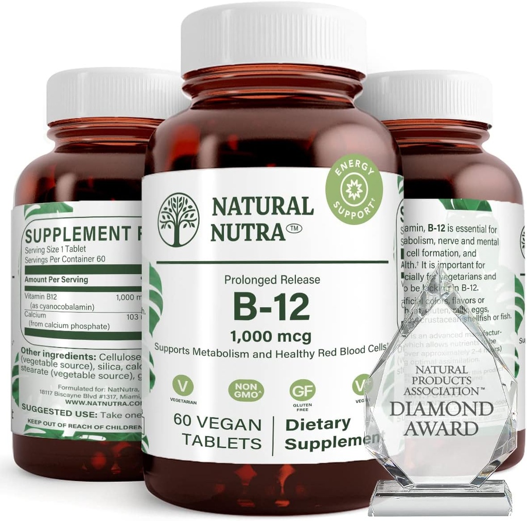 天然营养素 B12 1000 mcg, Cobalamin B 12 补充品, 磷酸钙, 代谢健康帮助, 支持神经系统, 最佳吸收, Gluten 免糖, 60 Vegan 片