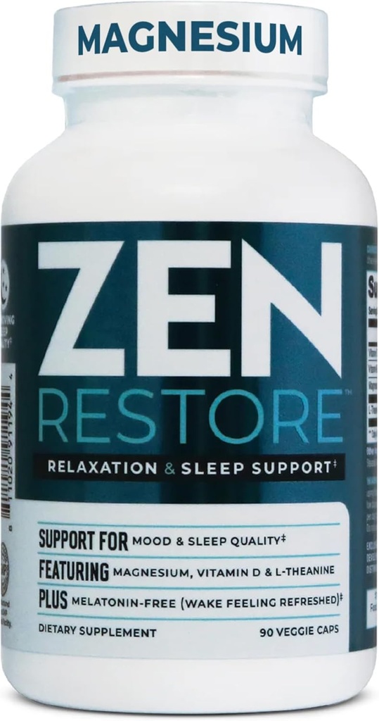 营养学  Zen还原 镁补充剂,400mg 镁 枫酸 Per Per Dose 配有维生素D3,L-Theanine,促进放松,肌肉恢复和肾上腺健康,高吸收补充剂,30种服务