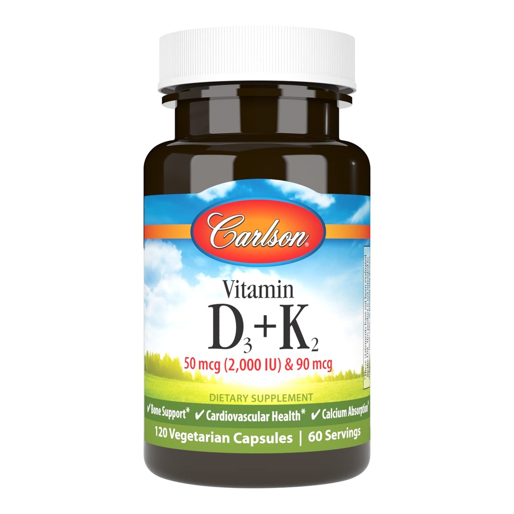 Carlson - 维生素D3 + K2, 50 mcg (2000 IU) 维生素D3 和 90 mcg 维生素K2 作为 MK7, 骨支持, 钙吸收, 120 capsules