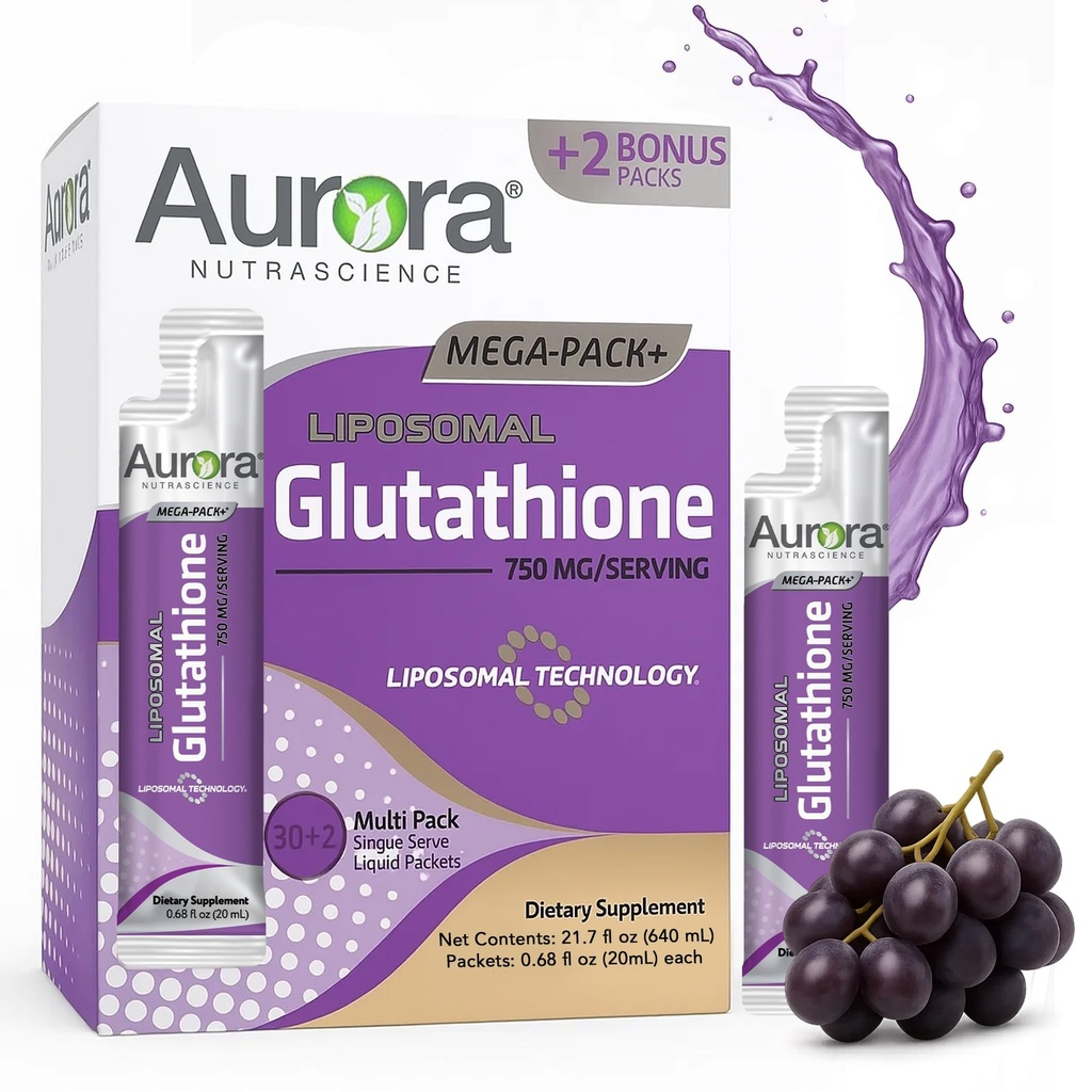 Aurora Nutrascience Mega-Liposomal Liquid Glutathione, Immune 和抗氧化剂 Gut 健康支助补编,每服务750毫克,非GMO,无糖,32个单一服务包