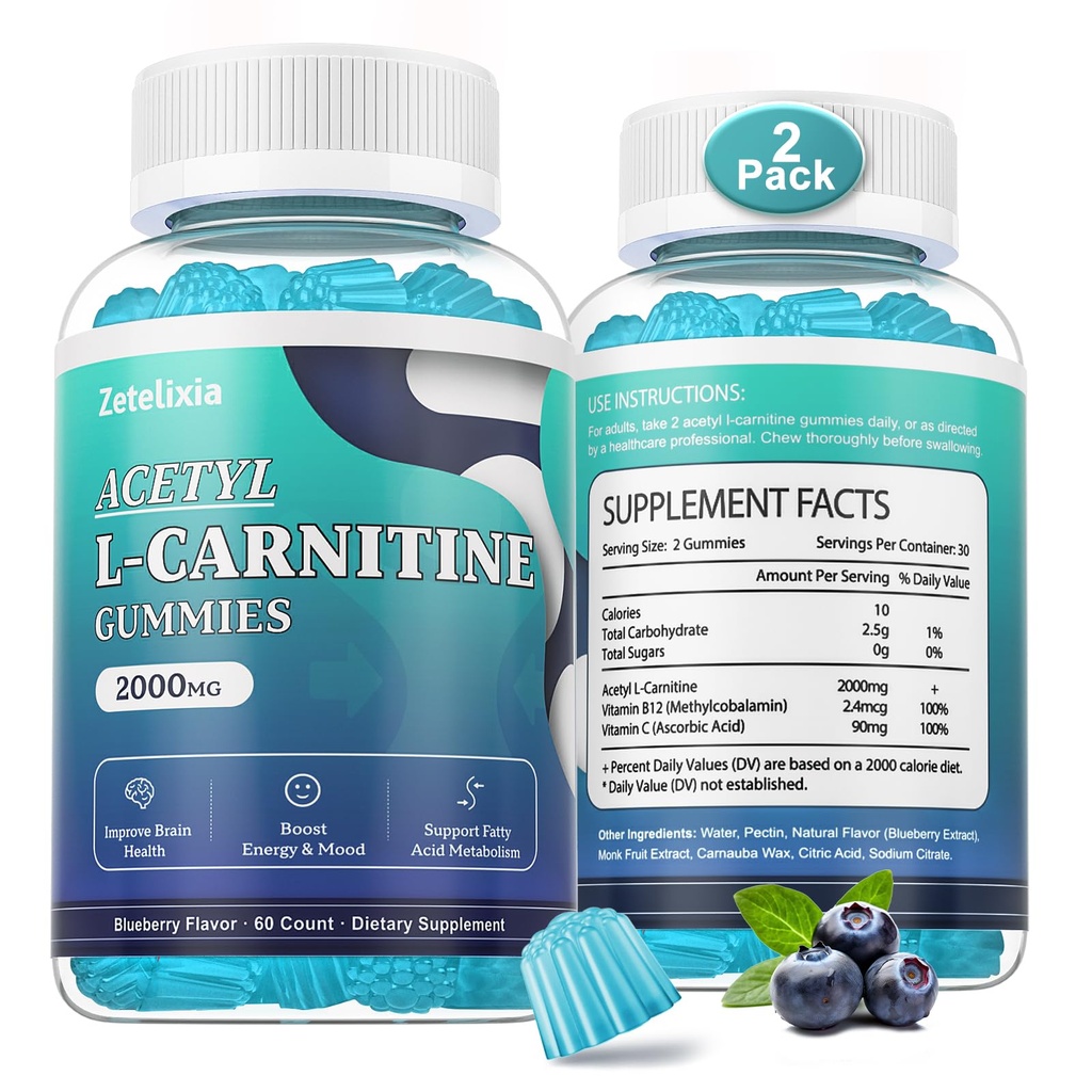 2 Pack Sugar Free Acetyl L-Carnitine Gummys, L-Carnitine 补充女性和男性,配有维生素C和B12, ALCAR 能源,脑和心脏健康支持, Vegan, 非GMO, 120 Counter