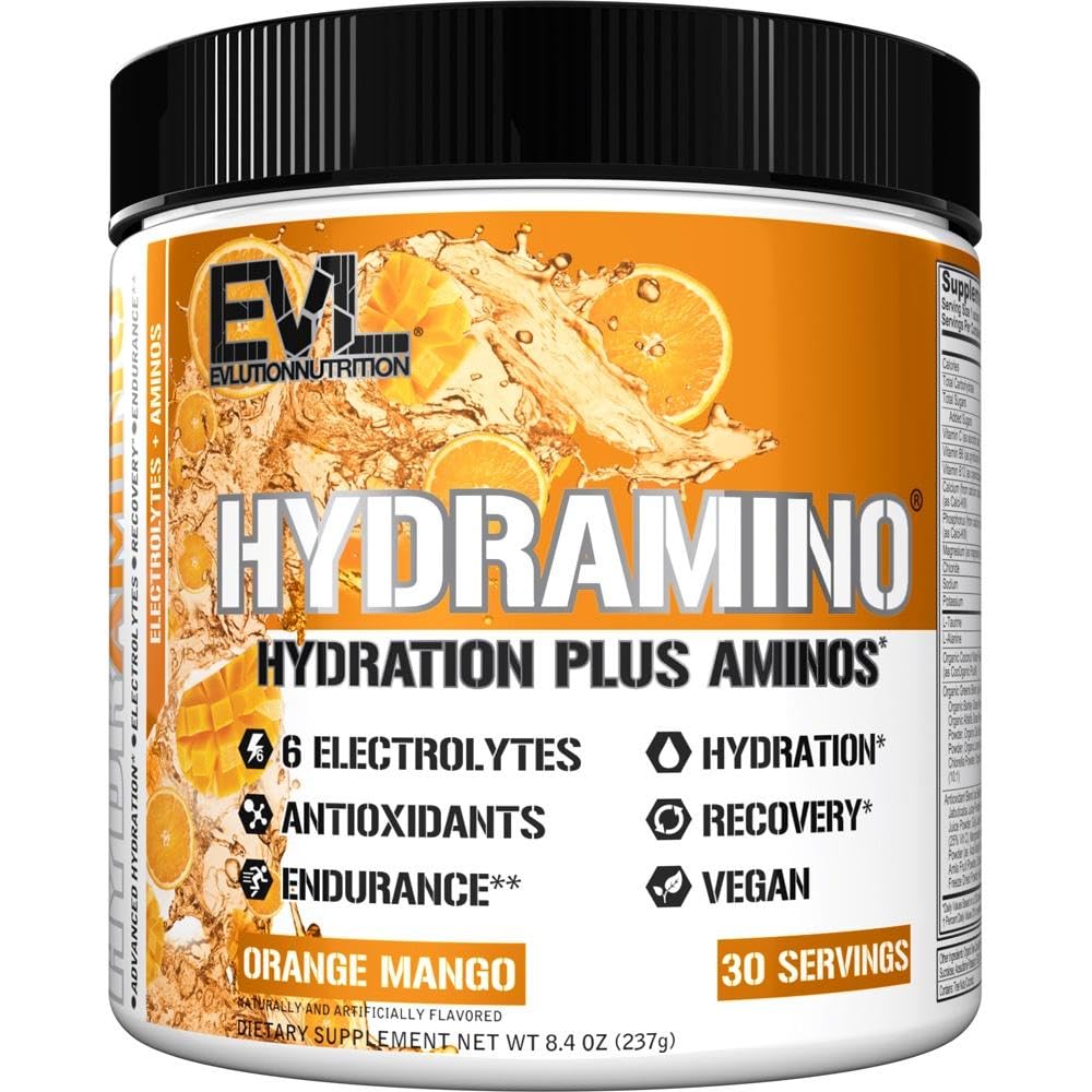 Evlution 营养 Hydramino 完全水分 多倍体,全部6个电解质,维生素C和B,流体推进氨基,椰水,耐力,恢复,抗氧化剂,30个服务,橙芒果