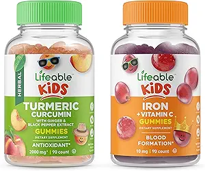 活生生的Turmeric Curcumin Kids + Iron & Vitamin C Kids, Gummys Bundle - Great Tasting, Vitamin Supplement, Gluten Free, GMO Free, Chewwable Gummy (英语:Gluten Free, Guwon) (英语).