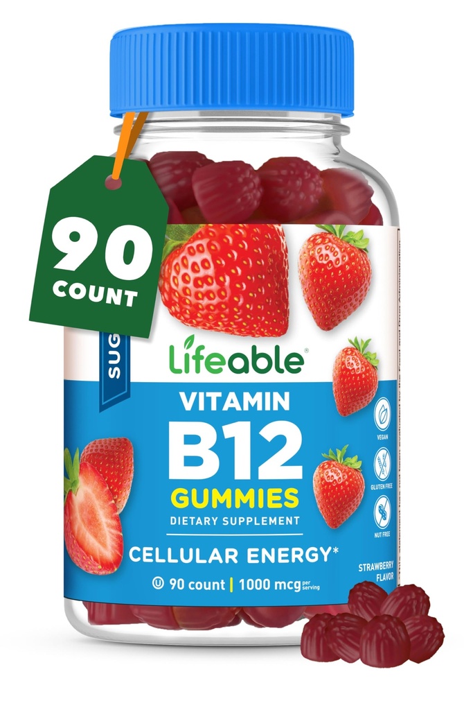 生活无糖B12 Gummys 1000 mcg 大品尝B12 维生素 Gummys 能量,Mood,以及代谢学支持B12 维生素 Gummys for Men, Women, adderns 90 Gummys.