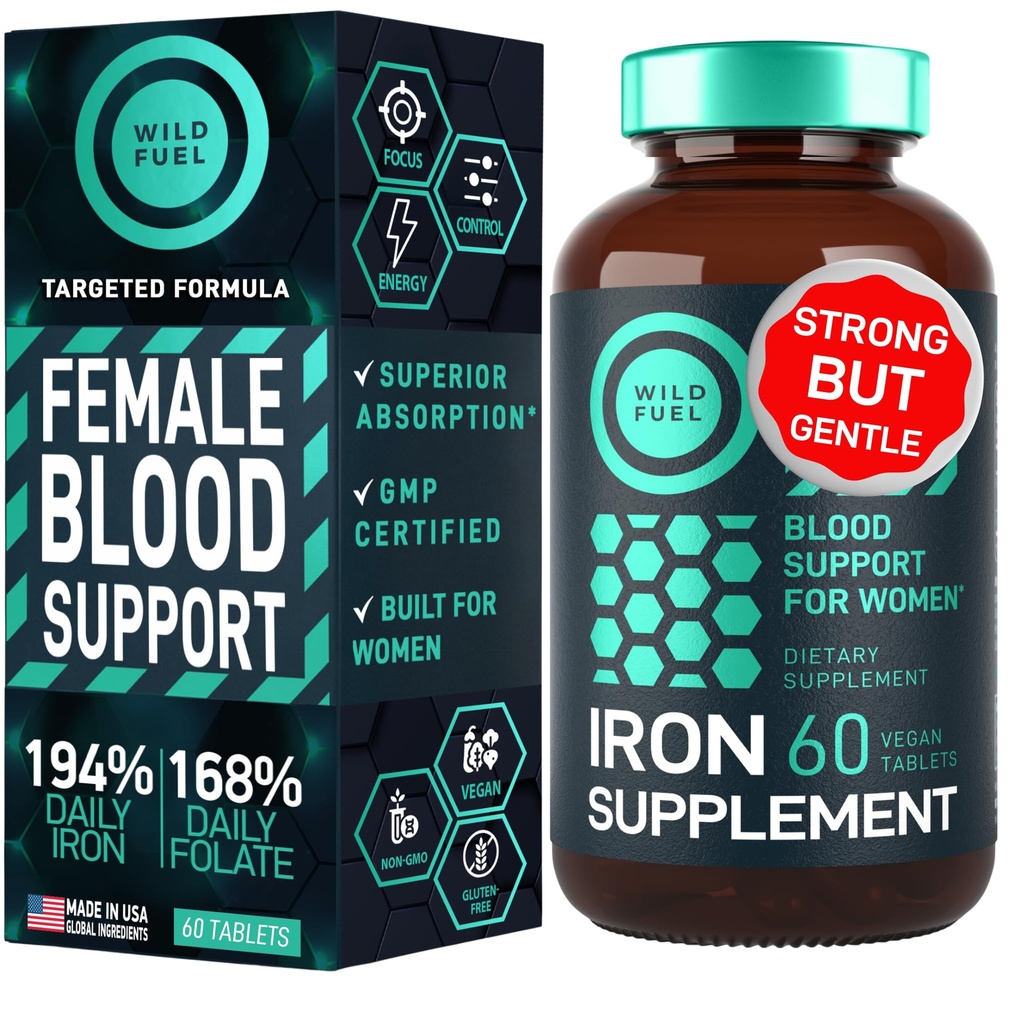 含叶酸女性的铁补充剂 - 35 mg 造血器 Ferrous Sulfate, Folic Acid 400 mcg - 贫血和妊娠支持女性的铁药丸 - 60 Gluten-Free, Vegan 铁维生素片