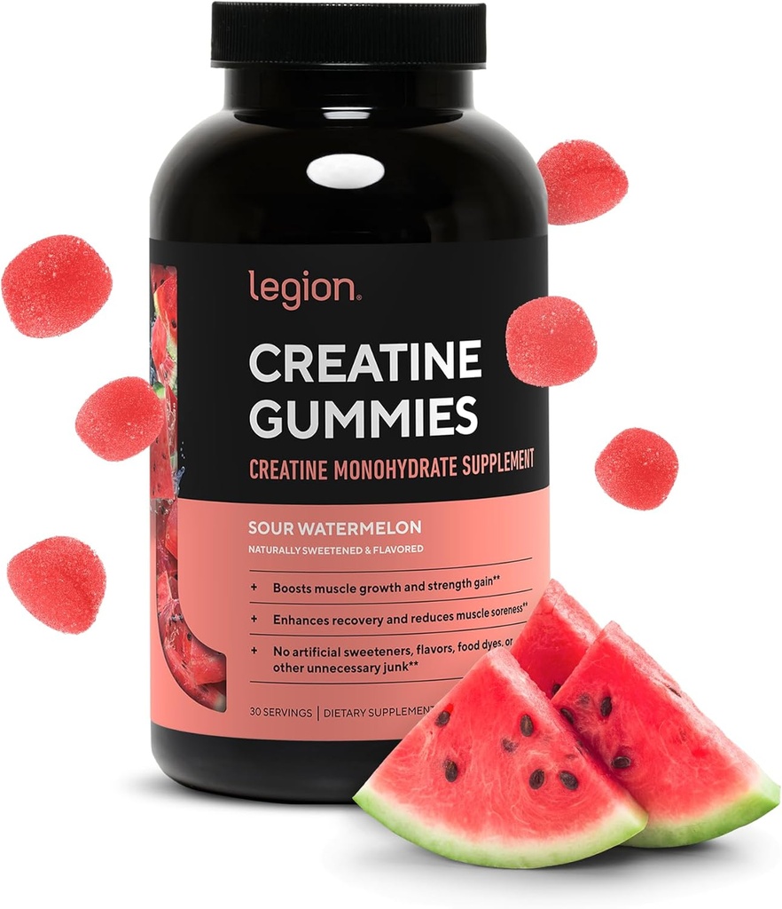 LEGION Creatine Monohydrate Gummys – 纯洁的厨艺Creatine 补充力量,耐力和肌肉恢复 – 30 Sour 西瓜火焰服务 – 没有人工火焰或甜酒