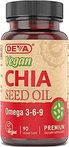 DEVA Vegan Vitamins Chia种子油,包装 Omega 3, 6, 9 & 其他基本脂肪酸, 冷前置和未加工, 90 Capsules