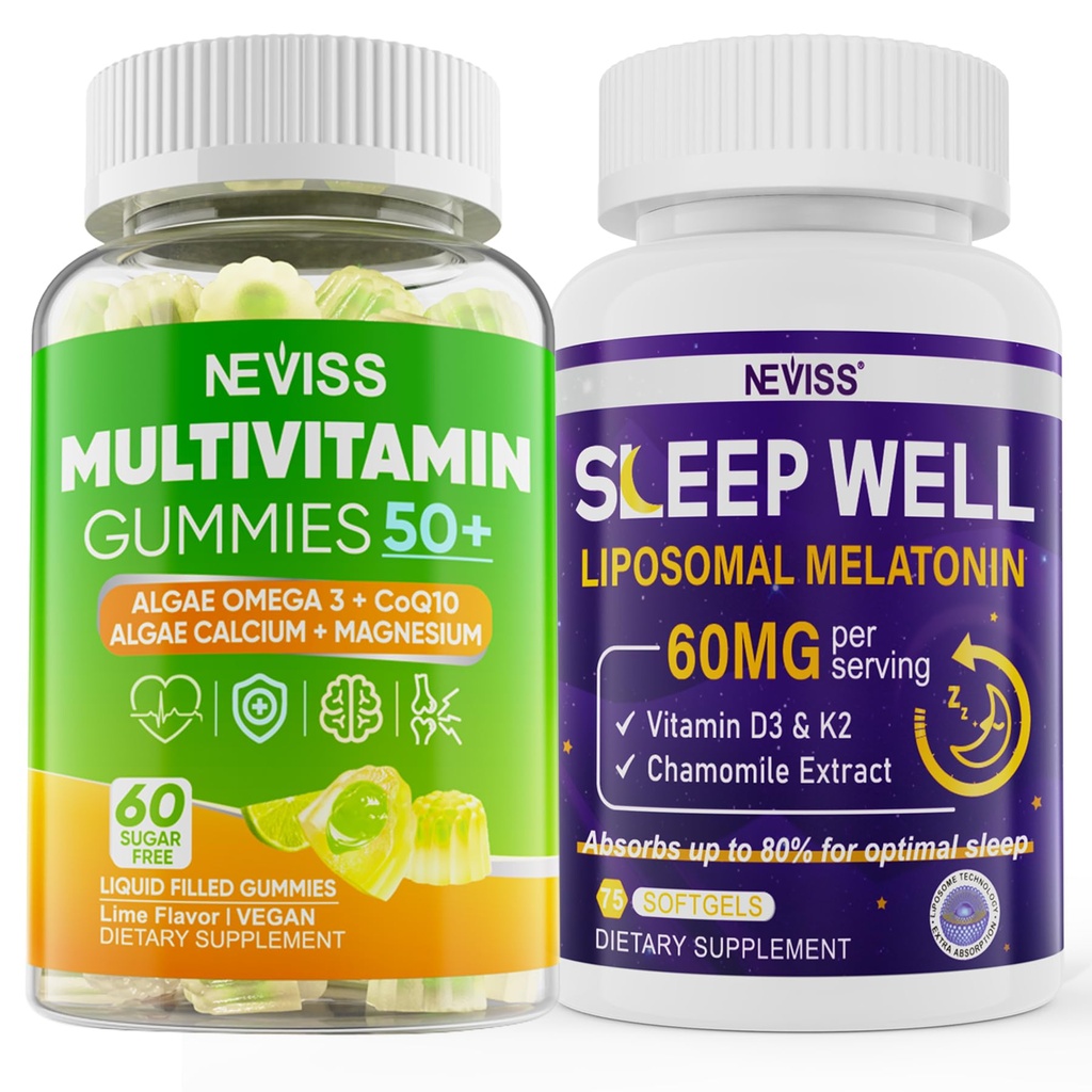 NEVISS 女性和男性50+多维塔明 Gummy和Melatonin 60mg Bundle