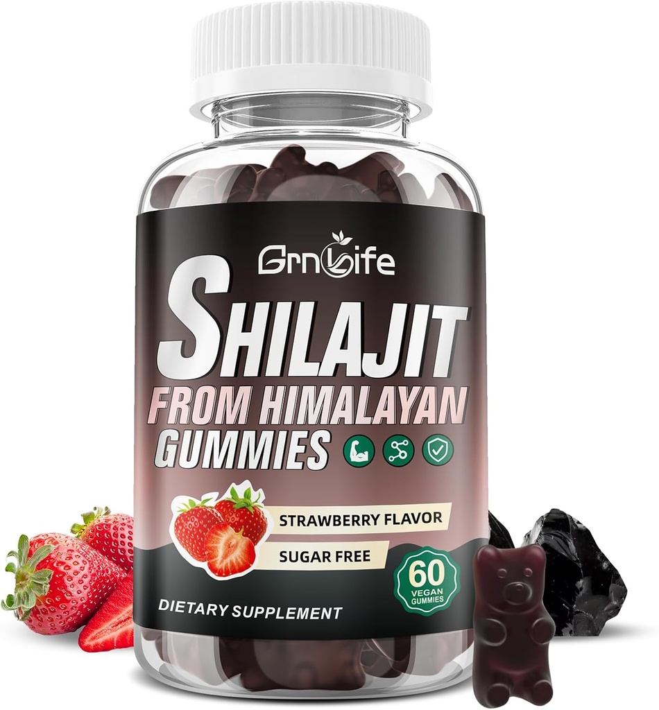 Shilajit Gummys for Men and Women, 1000MG Shilajit 补充85+ Trace Minerals & Fulvic Acid for Energy, 豁免,无糖,草莓-60 Count